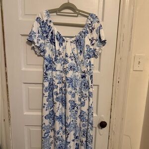Floral Blue and White Midi Dress